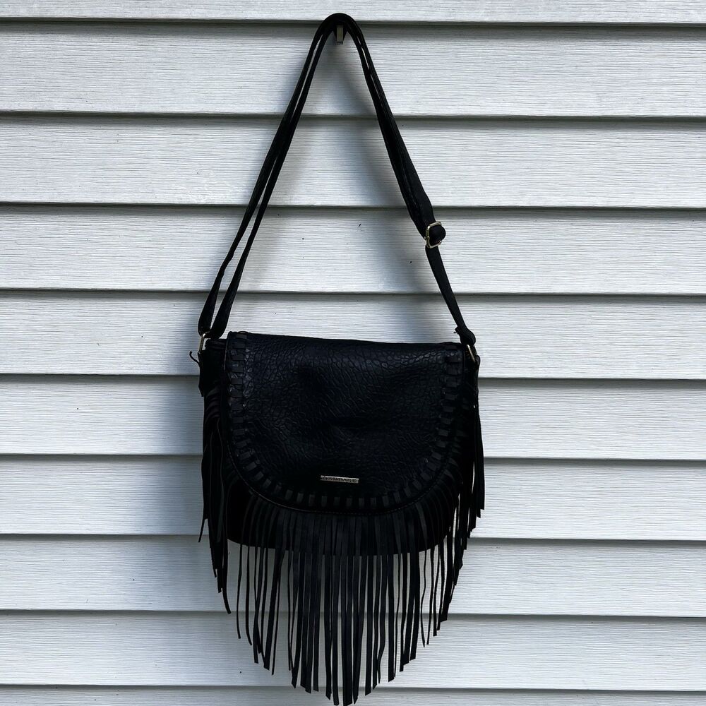 Rampage Black Boho Fringe Crossbody Bag Shoulder Purse Western Textured Pebble